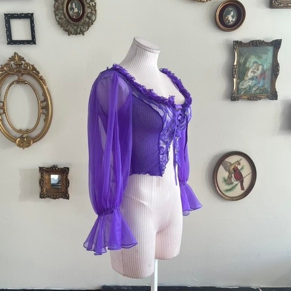 Y2k lace up Vintage Purple Sheer Lace-Up Fairy Blouse with Ruffle Trim - Picture 2 of 5